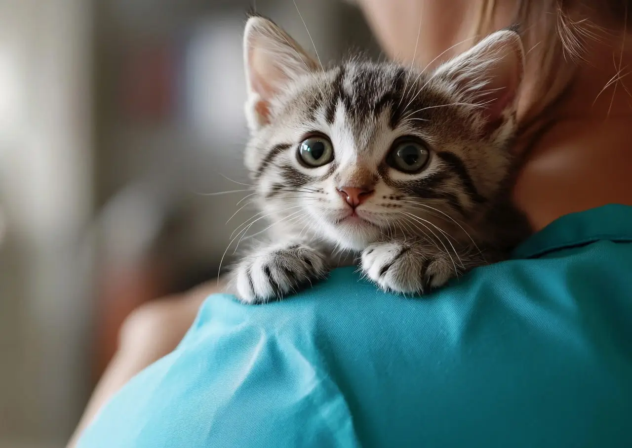 Gato pequeño sobre el hombro de una doctora